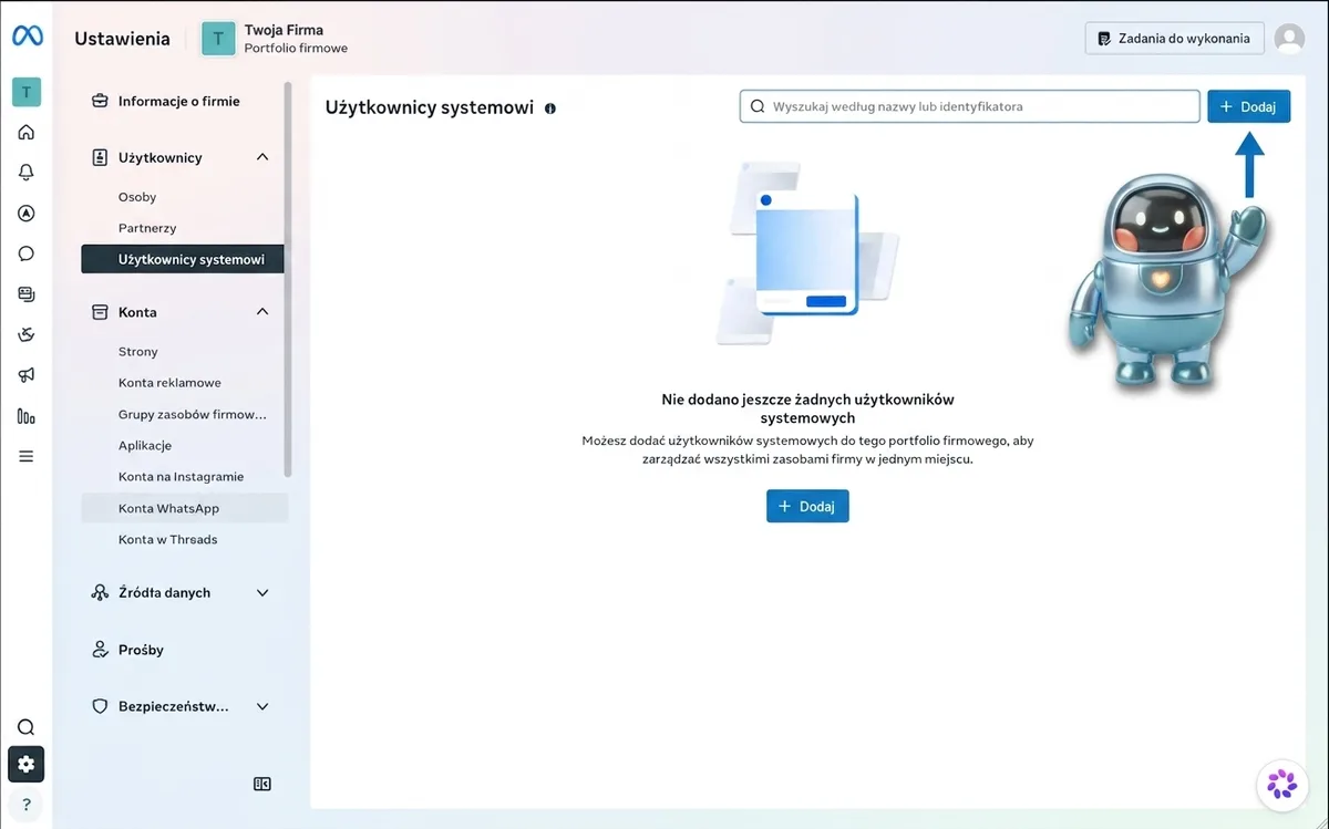 Ustawienia Meta Business z zaznaczoną sekcją Użytkownicy systemowi i przyciskiem Dodaj