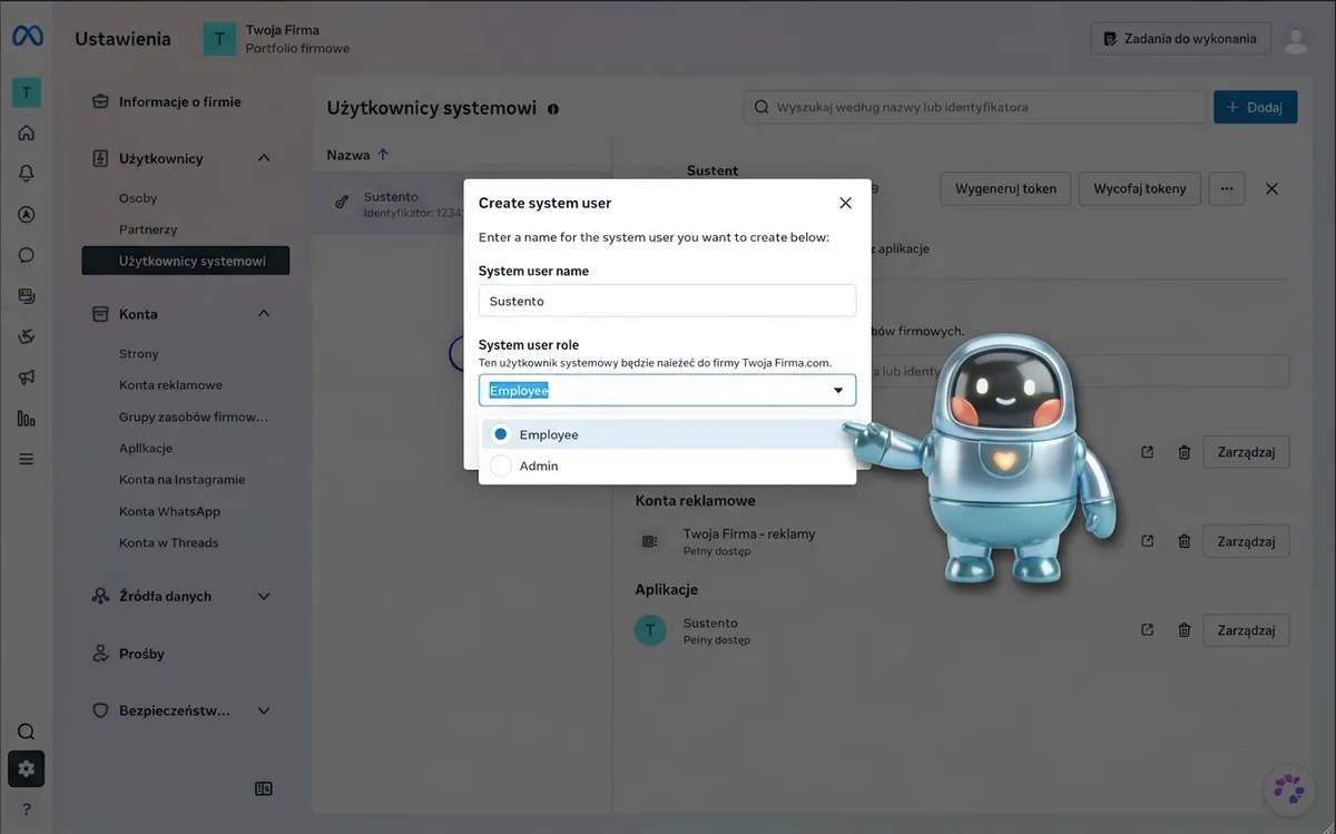 Okno tworzenia użytkownika systemowego z polem nazwy i wyborem roli Employee
