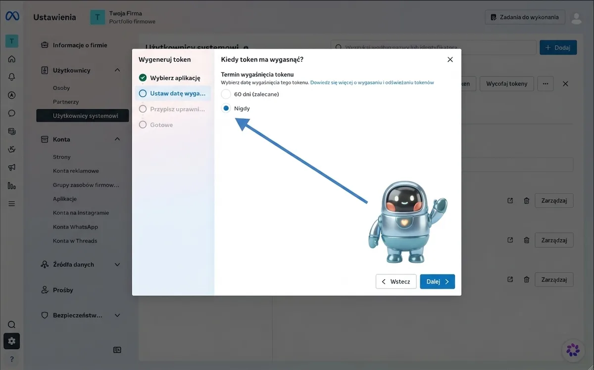 Kreator generowania tokenu z wyborem terminu wygaśnięcia i zaznaczoną opcją Nigdy