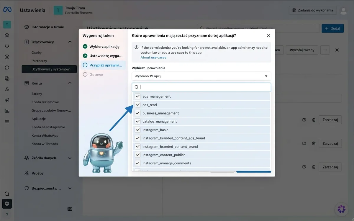 Lista uprawnień tokenu z zaznaczonymi ads_read i ads_management